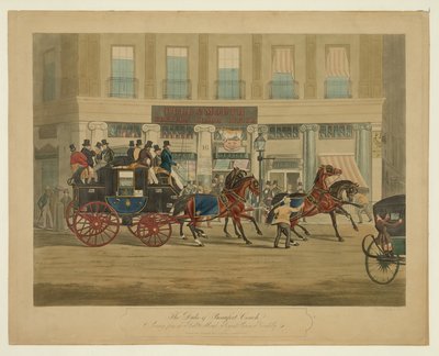 De koets van de hertog van Beaufort, vertrekkend van de Bull & Mouth, Regents Circus, Piccadilly, uitgegeven 1841 door William Joseph Shayer